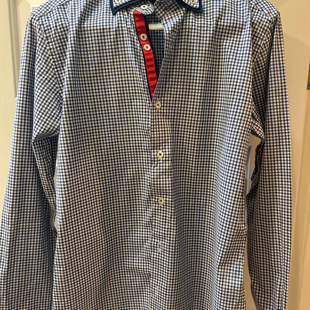 Zara Men's Gingham Shirt - Blue, White, and Red Accents